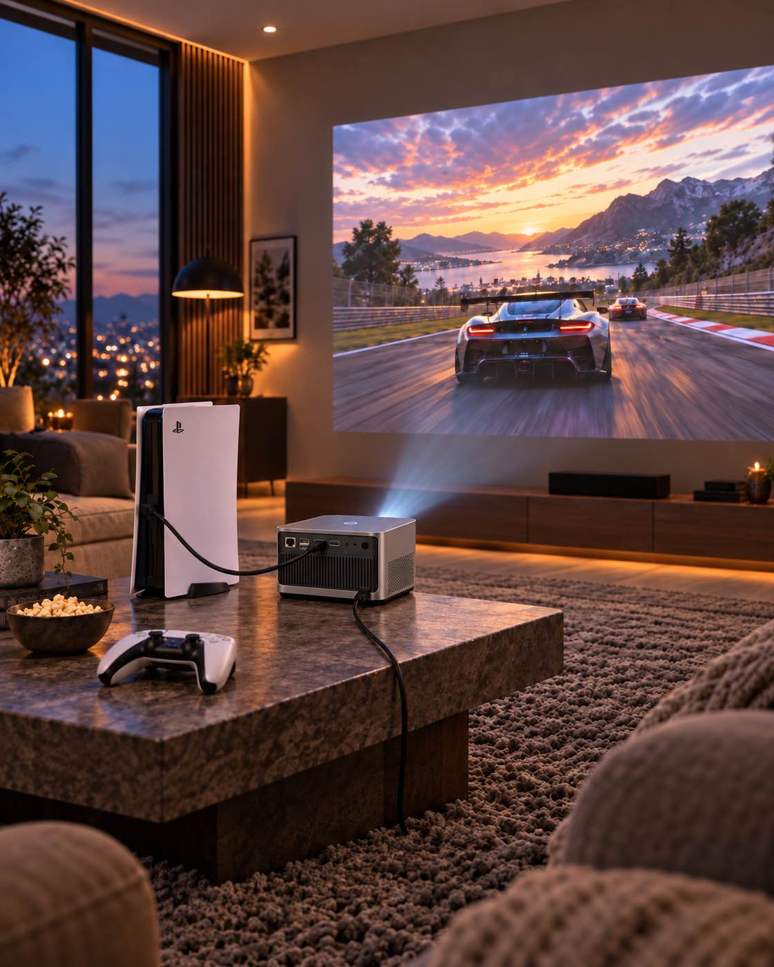 Grand Cinema – console via HDMI aangesloten, met een racegame in beeld