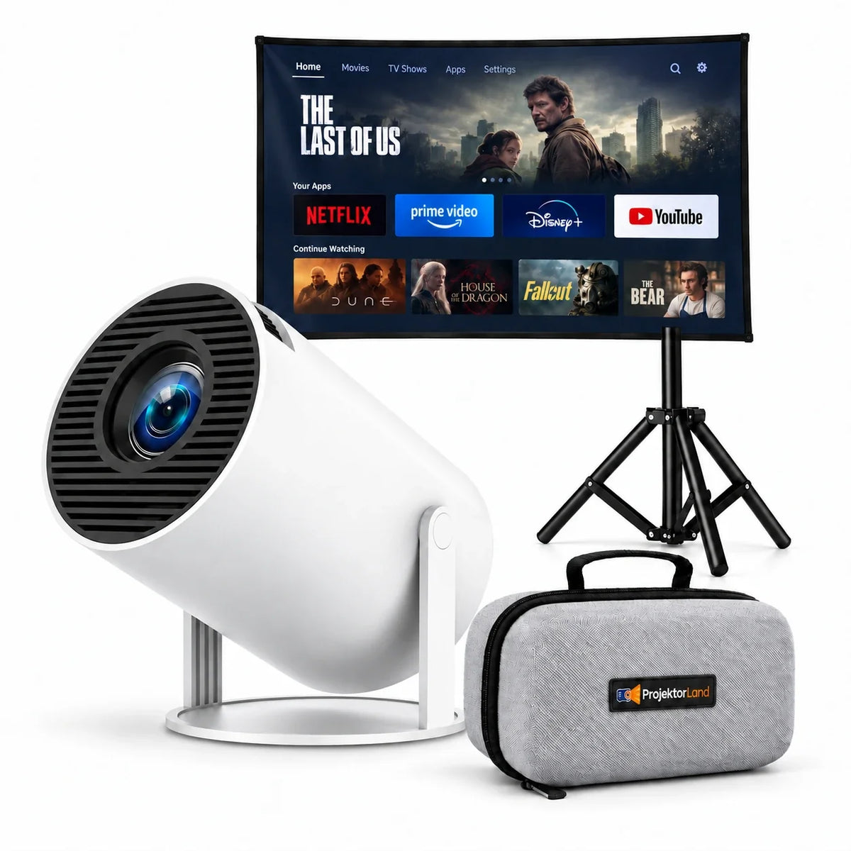 Luma Compact-beamer met projectiescherm, statief en grijze beschermtas