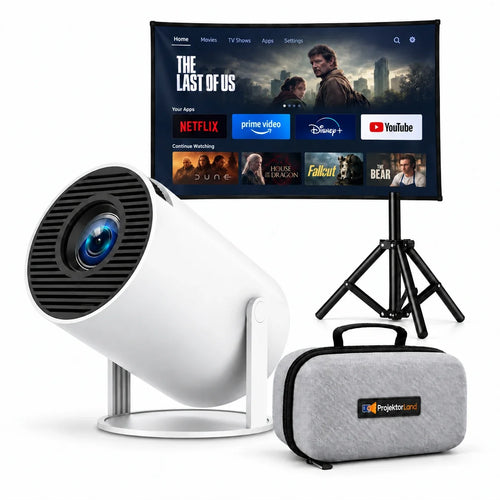 Luma Compact-beamer met projectiescherm, statief en grijze beschermtas