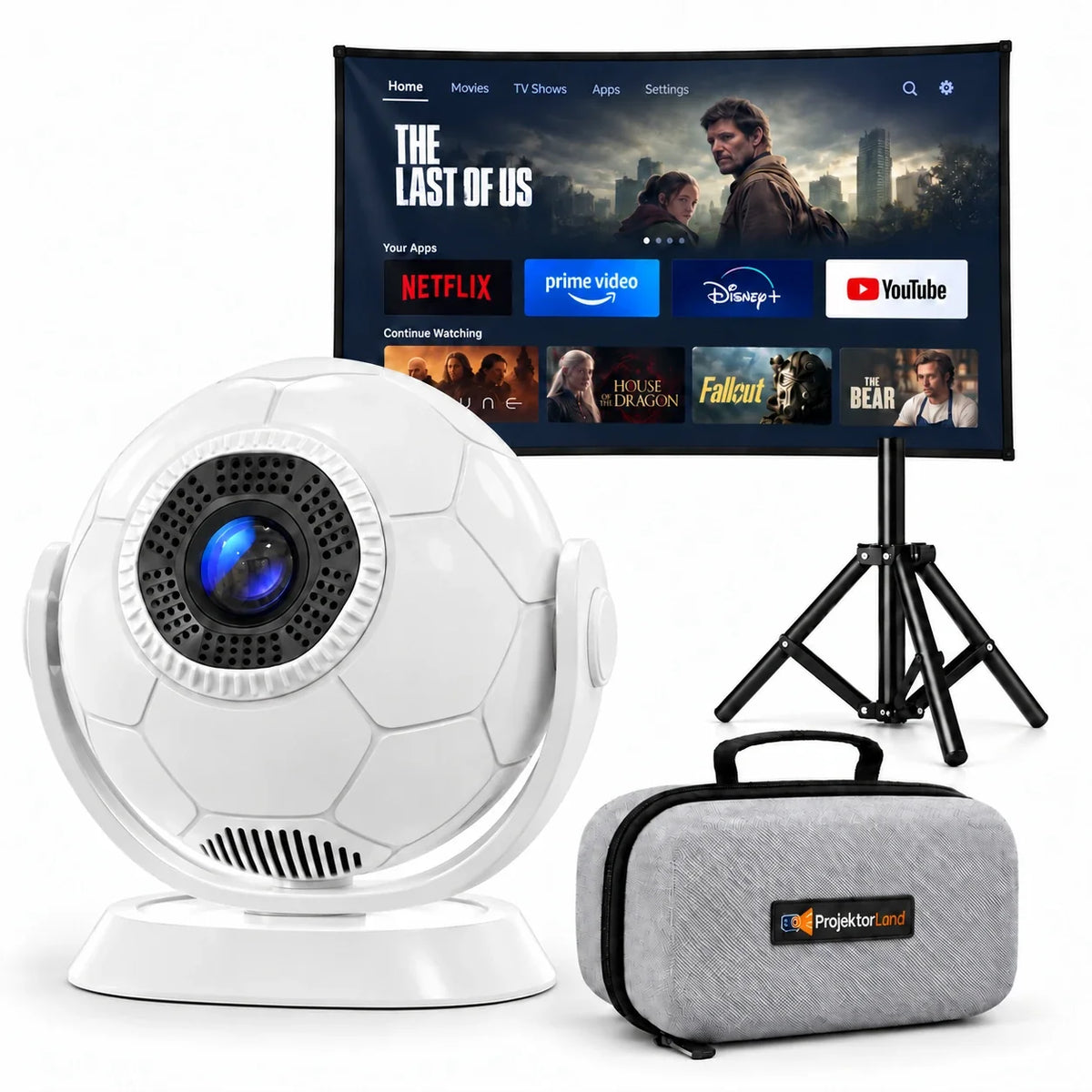 Mini beamer Projektorland Orbit – 300 ANSI lumen, Android 14, Wi-Fi, Bluetooth 5.4 en 35–135 inch