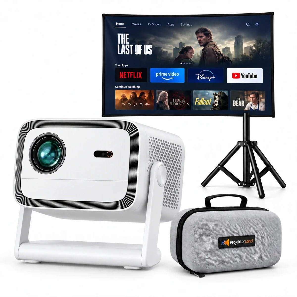 Projektorland Panorama beamer – 900 ANSI lumen, Full HD 1080p, Android TV 11, autofocus en 200° standaard