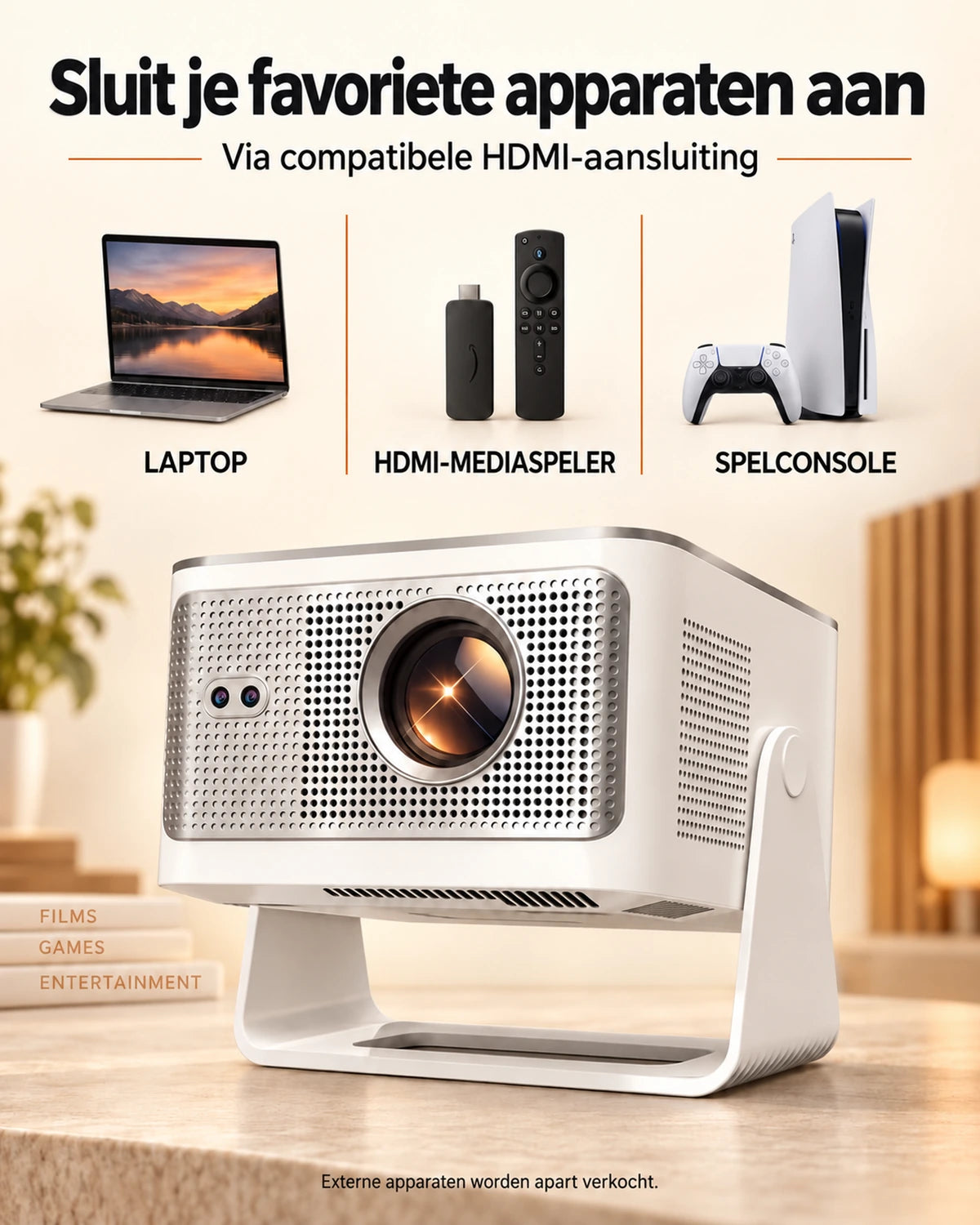 Projektorland Horizon Max beamer – 600 ANSI lumen, Full HD 1080p, autofocus, Android 14, Wi-Fi 6 en Bluetooth 5.4
