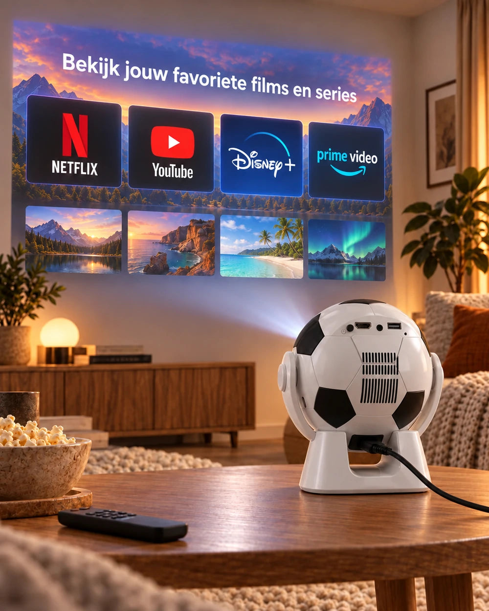 Mini beamer Projektorland Orbit – 300 ANSI lumen, Android 14, Wi-Fi, Bluetooth 5.4 en 35–135 inch