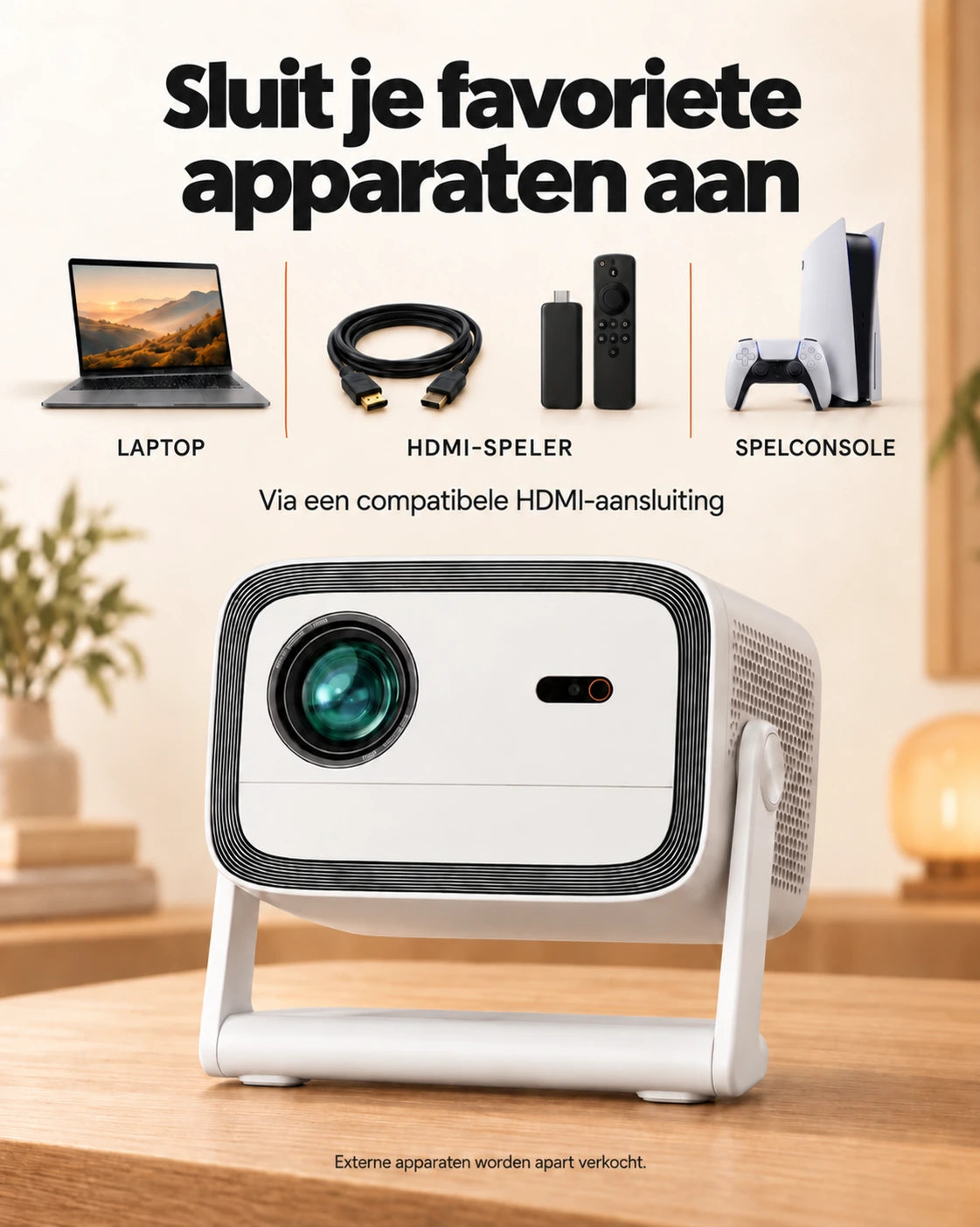 Projektorland Panorama beamer – 900 ANSI lumen, Full HD 1080p, Android TV 11, autofocus en 200° standaard