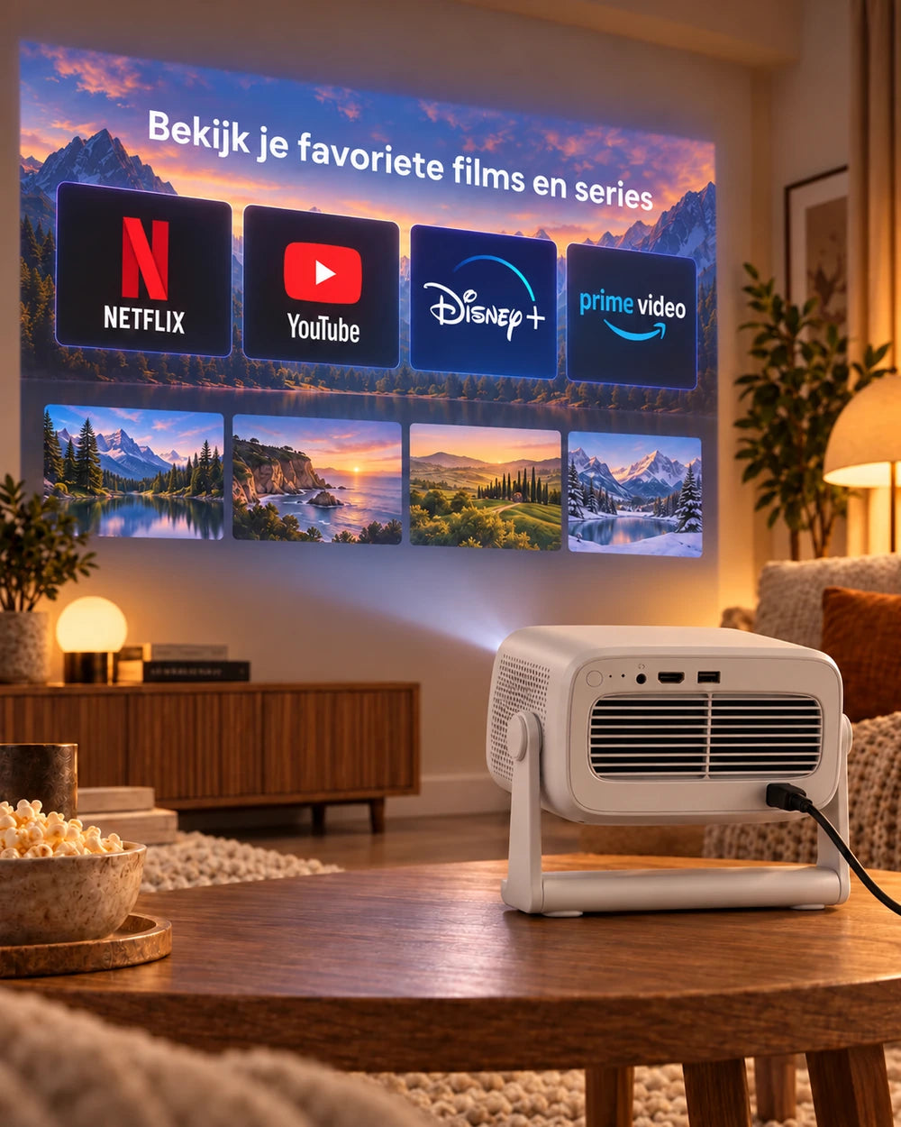 Projektorland Panorama beamer – 900 ANSI lumen, Full HD 1080p, Android TV 11, autofocus en 200° standaard
