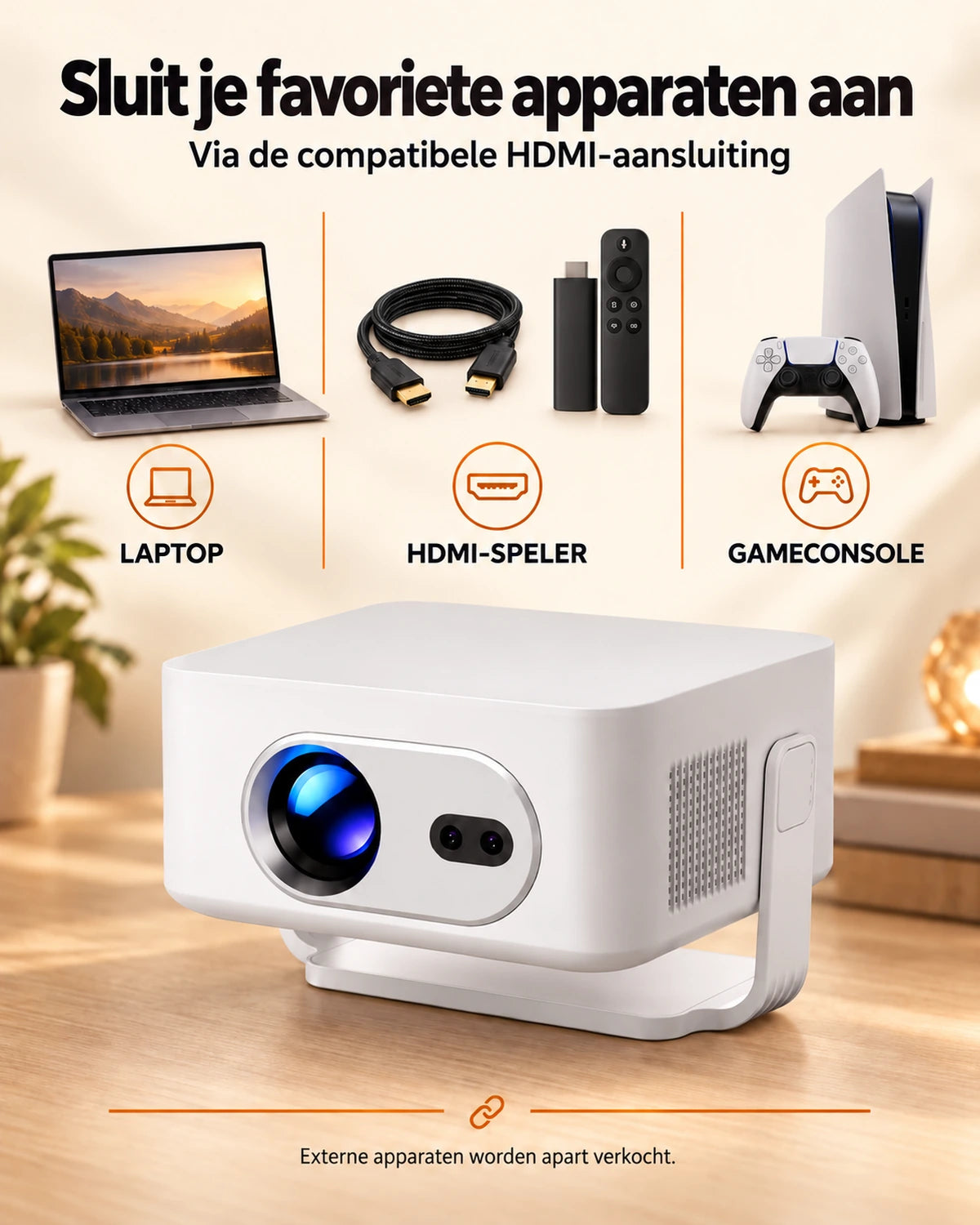 Mini beamer Projektorland Vista Max – 260 ANSI lumen, HD 720p, autofocus, Android 14 en Wi-Fi 6